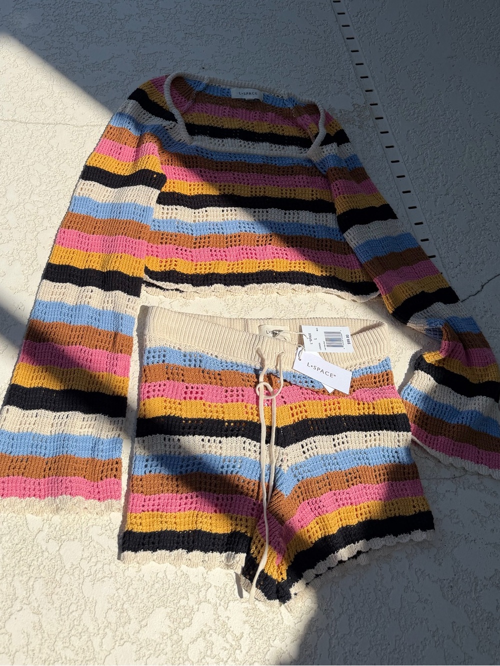 l*space Multicolor Striped Crochet Top - Pink, Blue, Brown, Yellow, Black, Cream